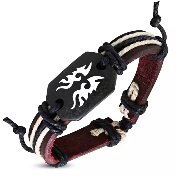 Bőr csuklópánt - sötétbarna, fa díszítéssel