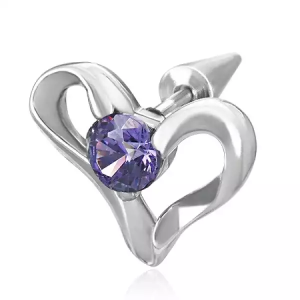 Hamis acél fülpiercing - szív és lila cirkónia