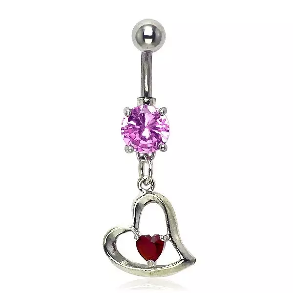 Köldök piercing - ferde szív, rózsaszín és piros kövek