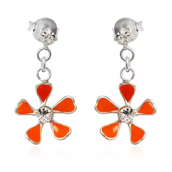 Beszúrós ezüst fülbevaló - narancssárga virág, lánc