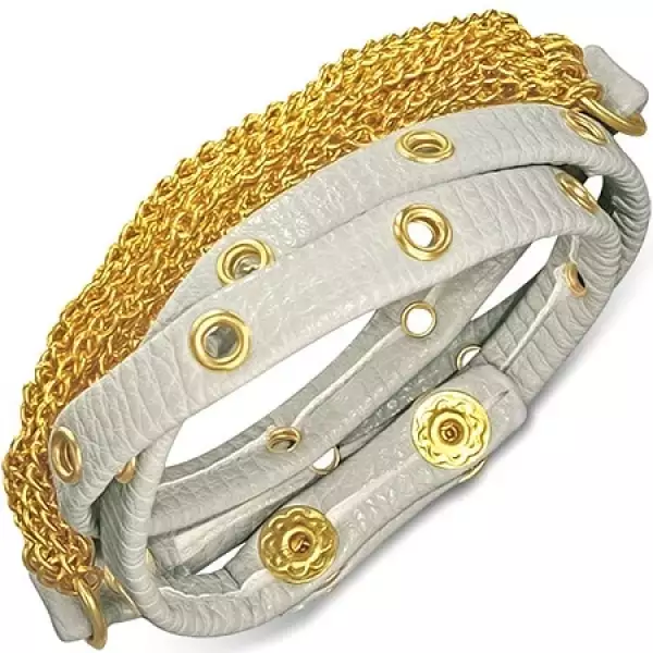 Bőrkarkötő - szürke sáv arany színű szegecsekkel és láncokkal