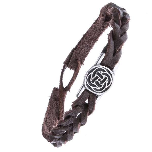 Barna bőrkarkötő - vékony fonat, kelta csomó a körben