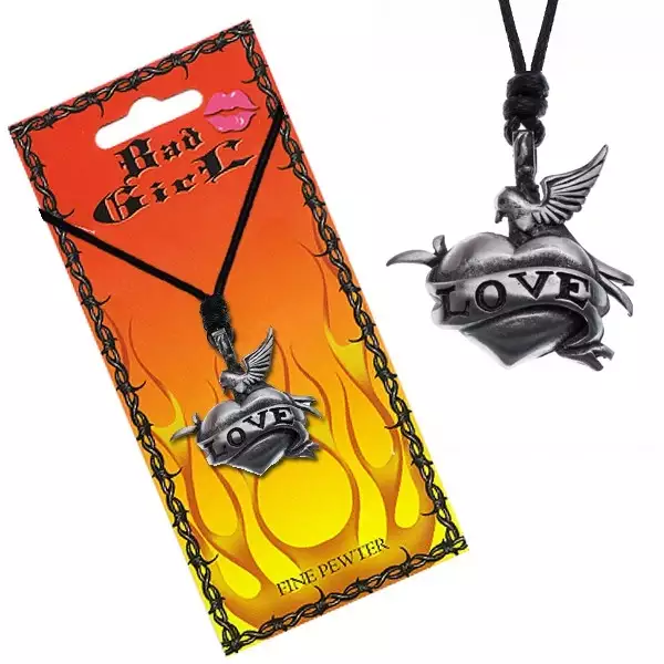 Nyakék galambbal díszített szív alakú függővel, LOVE felirat