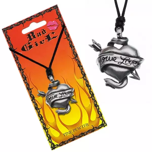 Nyaklánc zsinórral - átlőtt szív, szalag, TRUE LOVE