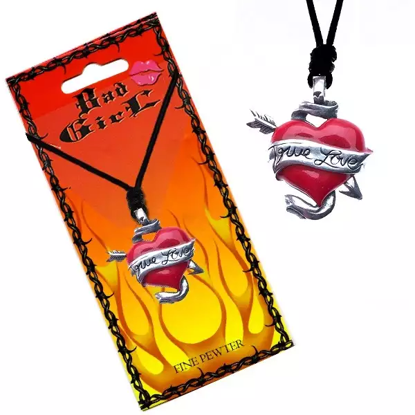 Zsinóros nyaklánc - színes szív és nyíl, szalagon TRUE LOVE