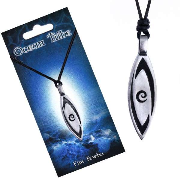 Fekete madzagos nyaklánc, hosszúkás fém medál, spirál