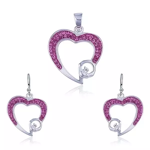 Ezüst szett - medál és fülbevaló, rózsaszín cirkóniás szívkörvonal