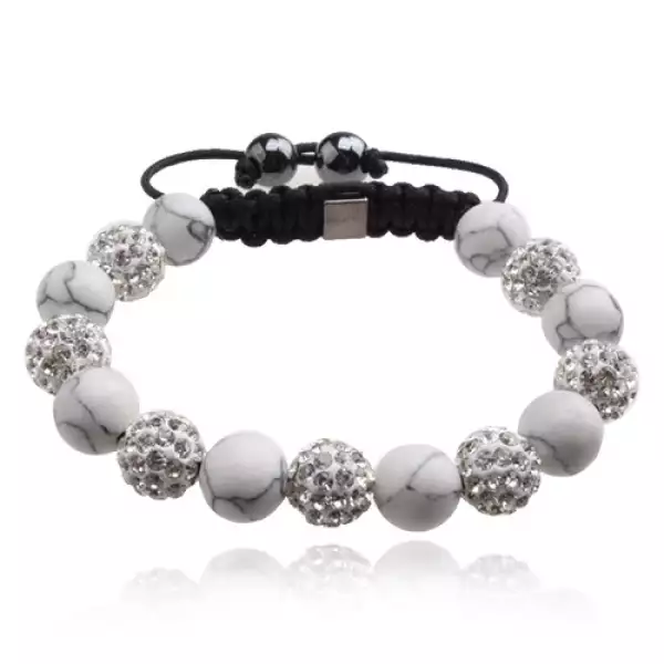 Shamballa karkötő, fehér márványos gyöngyök, átlátszó kövek