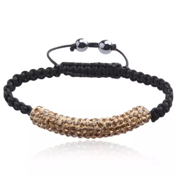 Shamballa karkötő, barnássárga henger kövekkel, fekete zsinór