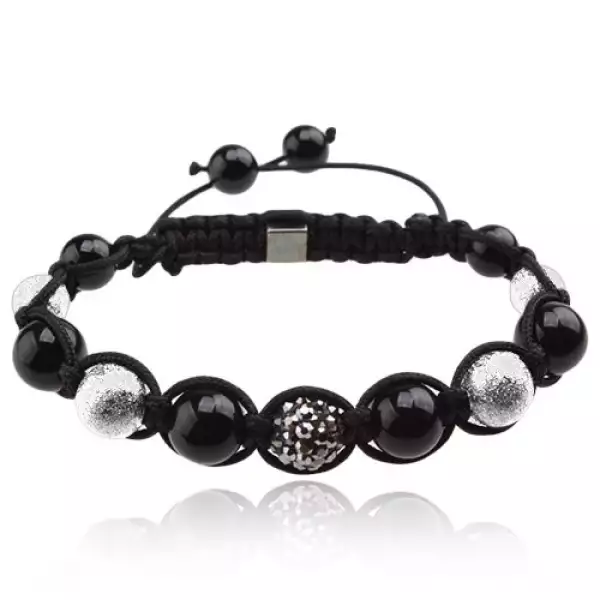 Shamballa karkötő - fekete és ezüst gyöngyök, szürke cirkónia gyöngyök