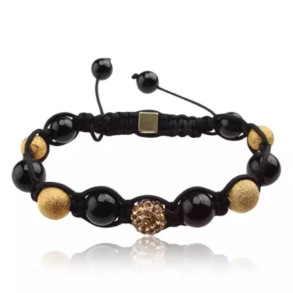 Shamballa karkötő, fekete és arany színű gyöngyök, sárga cirkóniás golyó