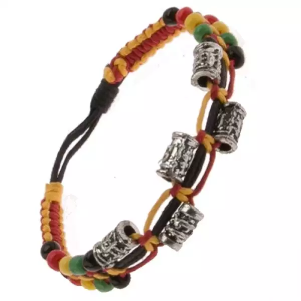 Színes zsinóros karkötő, díszes fém hengerek és gyöngyök