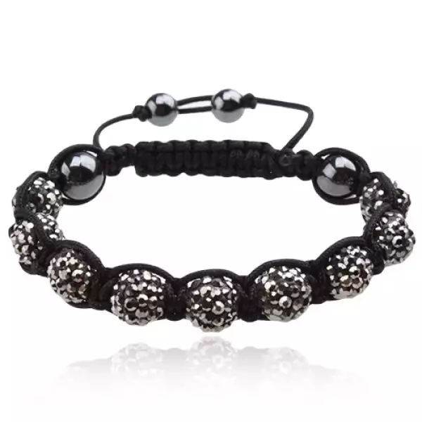 Shamballa karkötő - acélszürke cirkóniás golyók, fekete zsinór