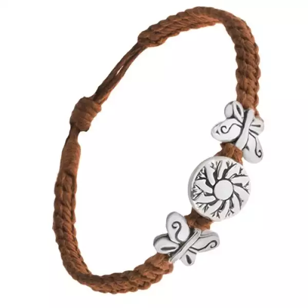 Karkötő csokoládébarna zsinórokból, lepkék, virágtábla