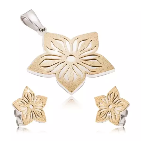 Kétszínű acél szett - fülbevaló és medál, kivágott szemcség virág