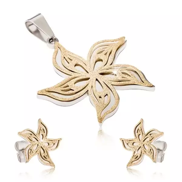 Acél szett - kétszínű medál és fülbevaló, szemcsés hullámos virág