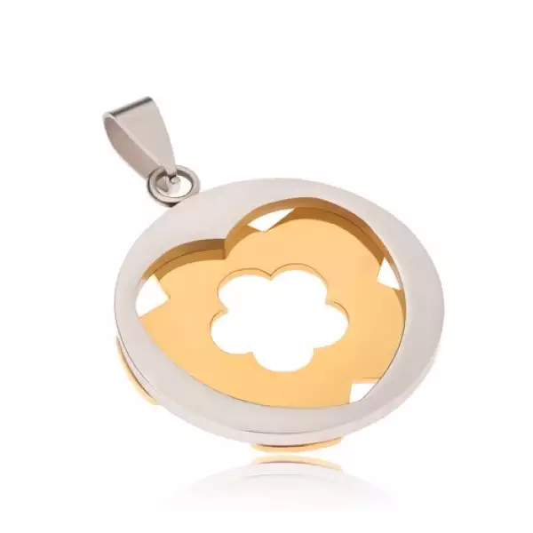 Acél medál - ezüst színű karika szív kivágással, arany színű virág