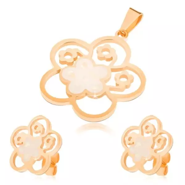 Aranyozott szett acélból, fülbevaló és medál, kivágott virág gyöngyházfénnyel