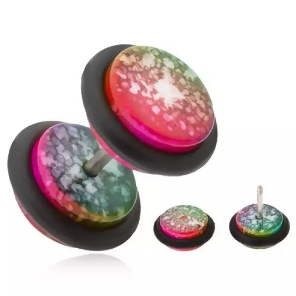 Akrill fake plug fülbe, fukszia-zöld alap fehér foltokkal