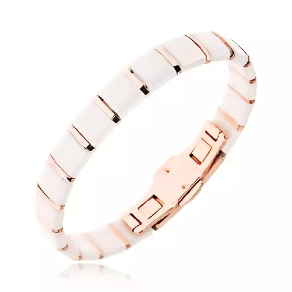 Kerámia karkötő - fehér négyzetes elemek, aranyrózsaszín sávok