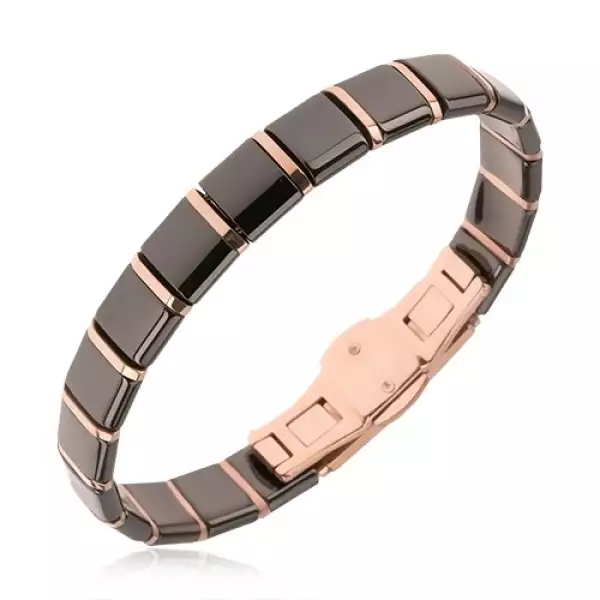 Kerámia karkötő - fekete négyzetes elemek és aranyrózsaszín sávok