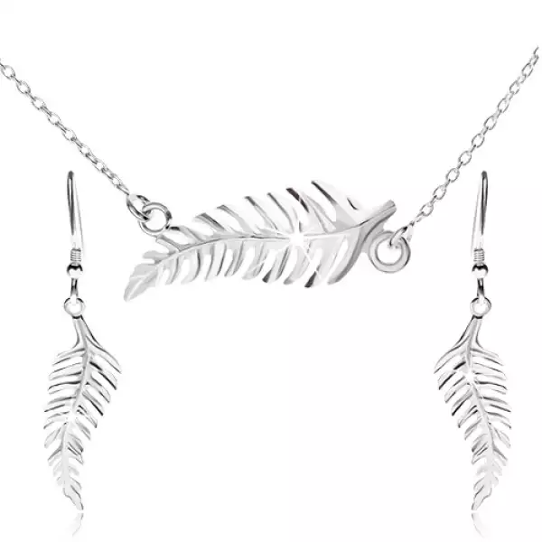 Szett nyakékből és függő fülbevalóból, páfrány, 925 ezüst