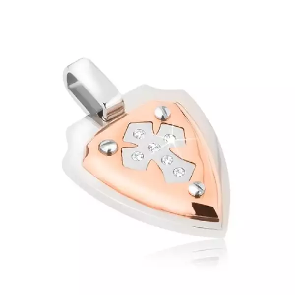 Acél medál - réz és ezüst szín, címer kereszttel, cirkóniák