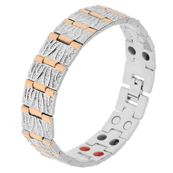 Acél karkötő ezüst és arany színben, dekoratív bemetszések, mágnesek 