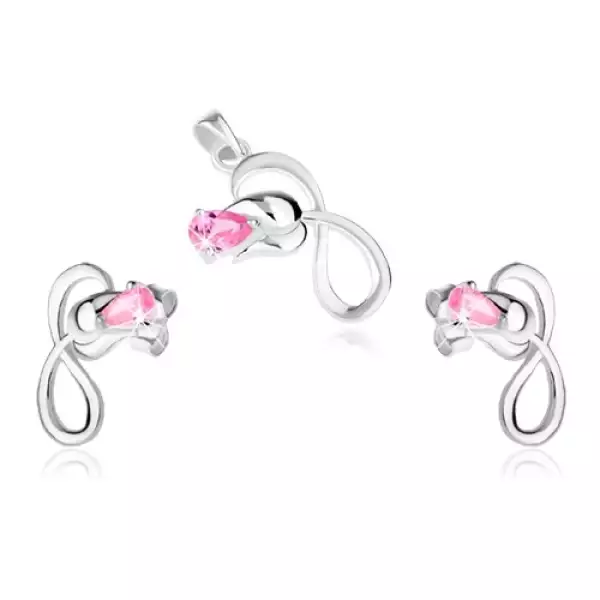 925 ezüst szett, fülbevaló és medál, rózsa hurokkal, rózsaszín kő