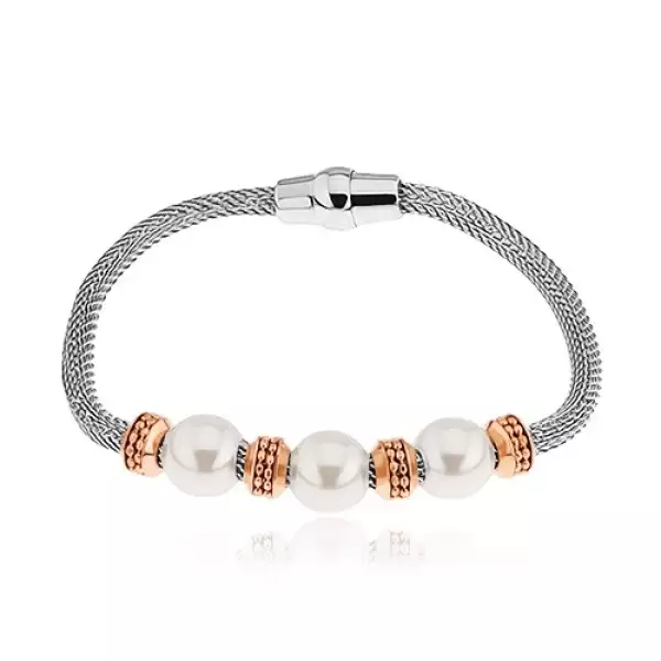 Acél karkötő, karikák réz színben, gyöngyök fénnyel