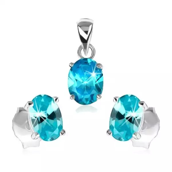 925 ezüst szett - medál és fülbevaló, világoskék cirkóniás ovális