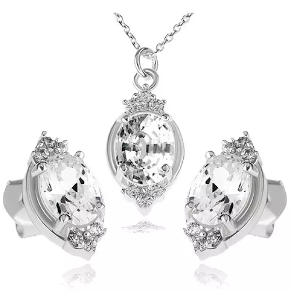 925 ezüst szett, nyakék és fülbevaló, átlátszó cirkóniás ovális és levélkék