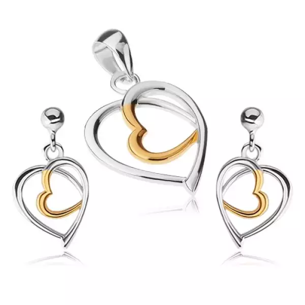 925 ezüst szett - medál és fülbevaló, szívkörvonal, arany és ezüst szín