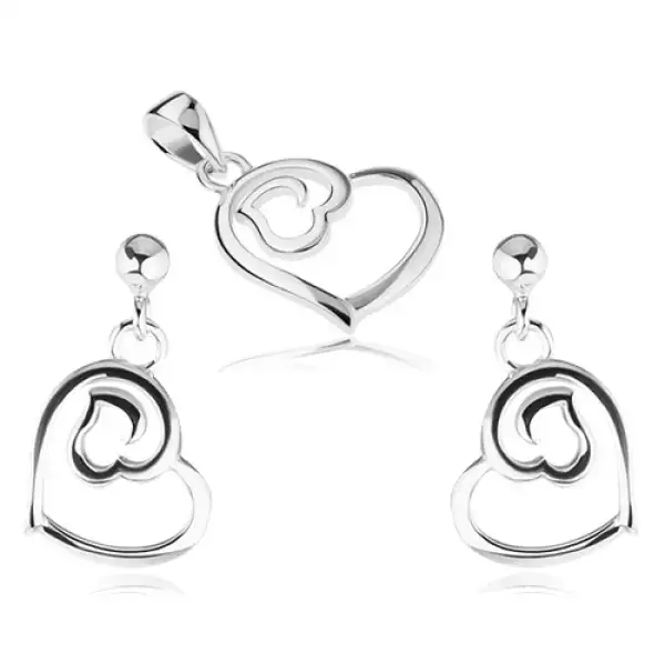 925 ezüst szett - beszúrós fülbevaló és medál, két szívkörvonal
