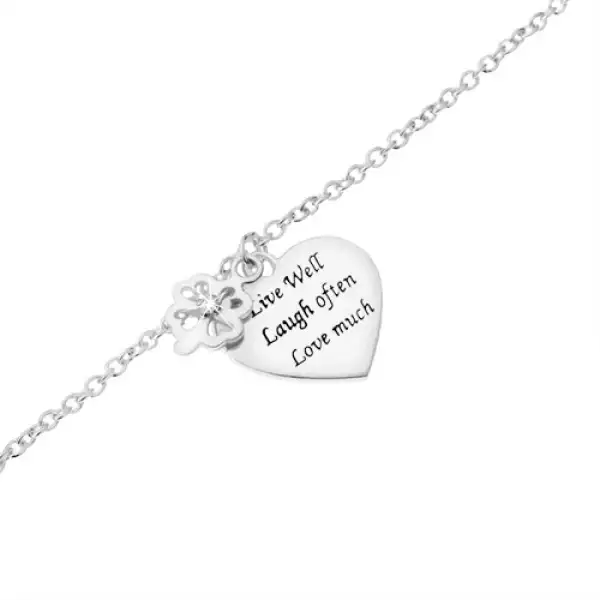 925 ezüst karkötő, lóhere cirkóniával, lapos szív felirattal