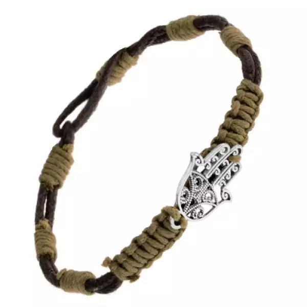 Fonott karkötő acél medállal - kivágott Fatima keze, feketészöld