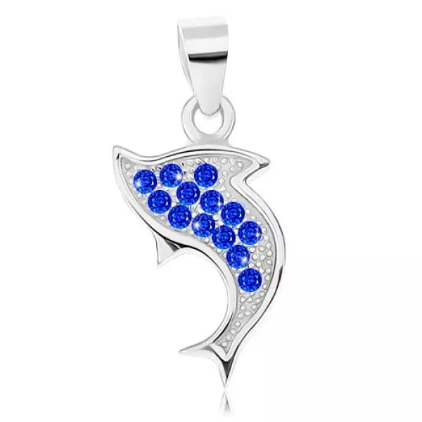 925 ezüst medál, ródiumozott, ugró delfin körvonal, kék cirkóniák