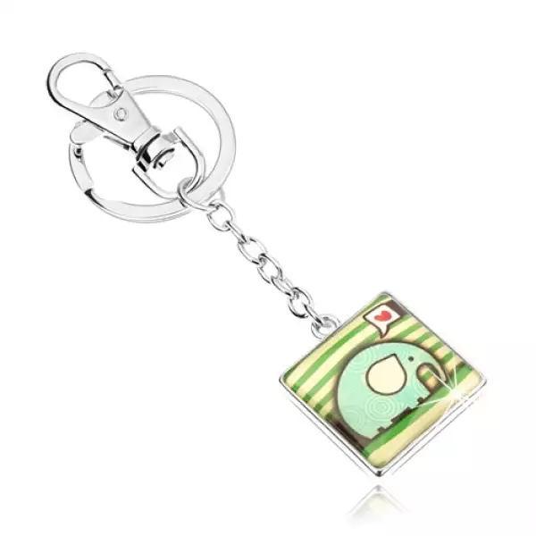 Kulcstartó, négyzet kidomborodó fénymázzal, elefánt spirálokkal, szív, zöld sávok