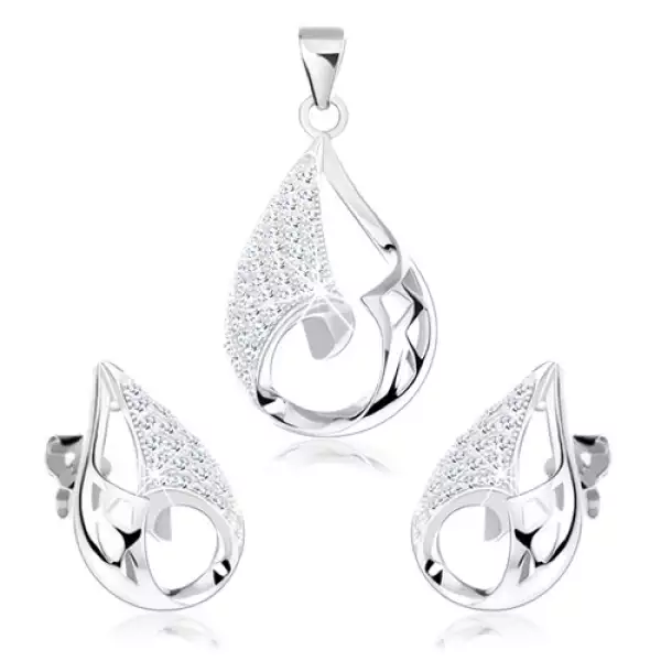 Szett fülbevalóból és medálból, 925 ezüst, könnycsepp - aszimmetrikus kivágás, átlátszó cirkóniák