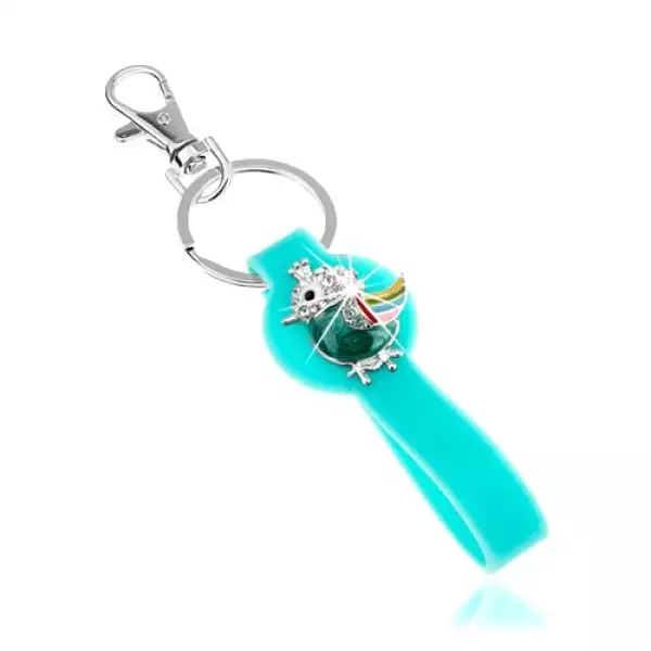 Kulcstartó, szilikon rész türkiz színben, tarkabarka madárka