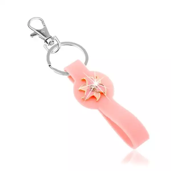 Kulcstartó, szilikon rész rózsaszín színben, csillogó virág