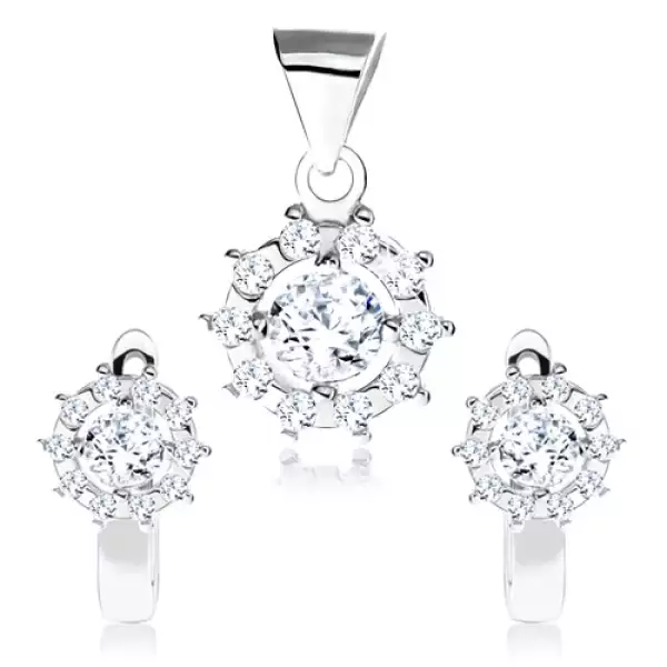 925 ezüst szett fülbevalóból és medálból, csillogó cirkóniás napocska