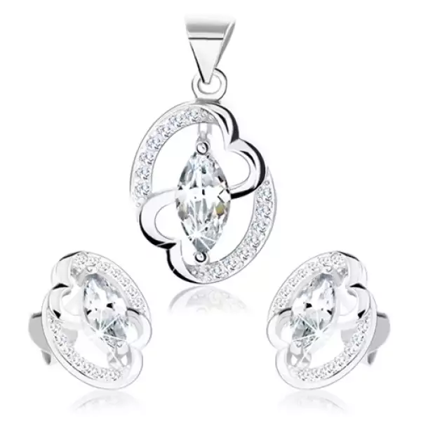 Szett - 925 ezüst, fülbevaló és medál, elipszis körvonal, összekapcsolt szívek