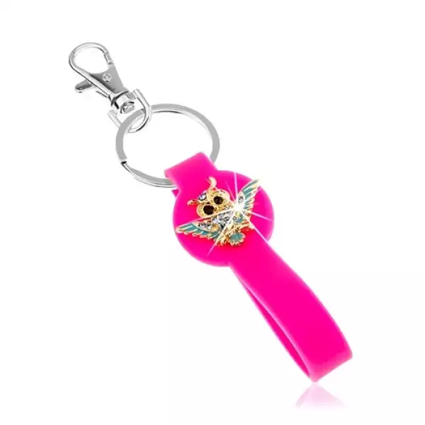 Kulcstartó, fukszia medál szilikonból, bagoly széttárt szárnyakkal