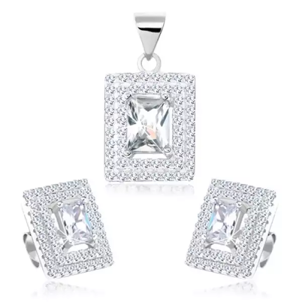 925 ezüst szett, fülbevaló medállal, cirkóniás téglalap, kettős keret