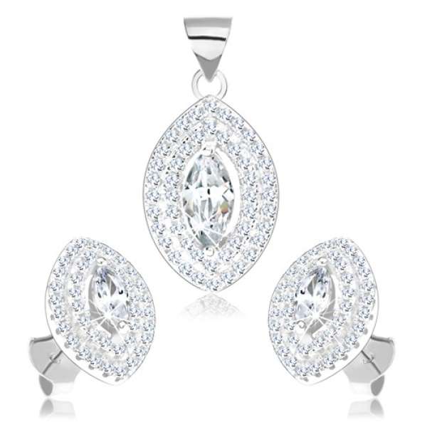 Szett fülbevalóból és medálból, 925 ezüst, átlátszó cirkóniás magszem kettős kerettel