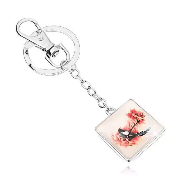 Kulcstartó kaboson stílusban, négyzet, kidomborodó üveg, madár a fán