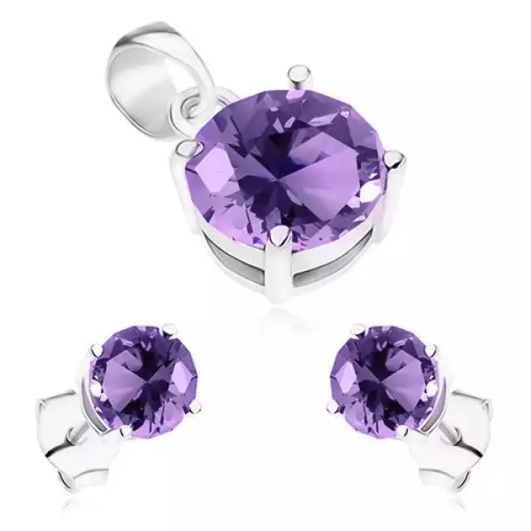 925 ezüst szett, medál és fülbevaló, kerek csillogó cirkónia lila színben