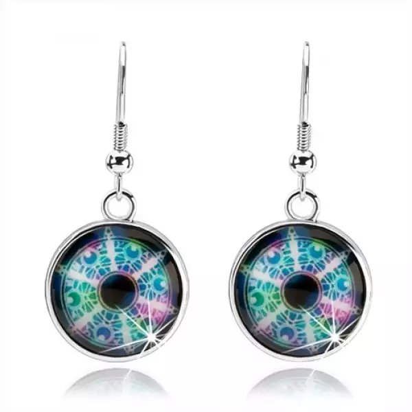 Cabochon fülbevaló, ezüst szín, színes kaleidoszkóp, körök