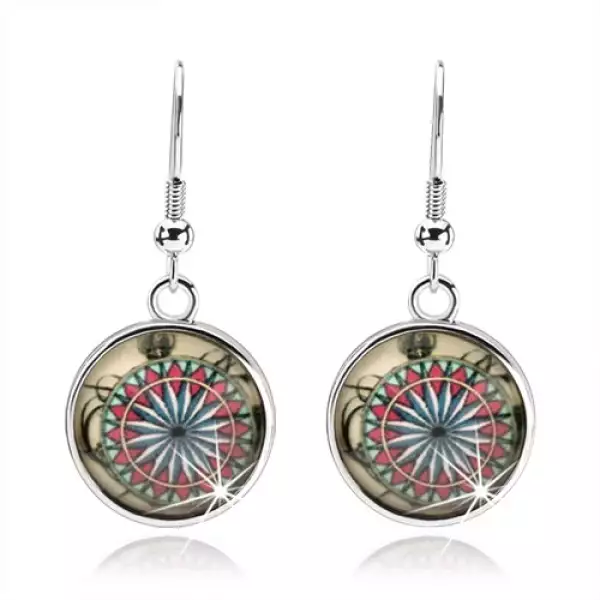 Cabochon fülbevaló, kidomborodó üveg, virág színes geometriai alakzatokkal